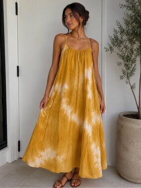 Mustard Tie-Dye Maxi Dress with Spaghetti Straps